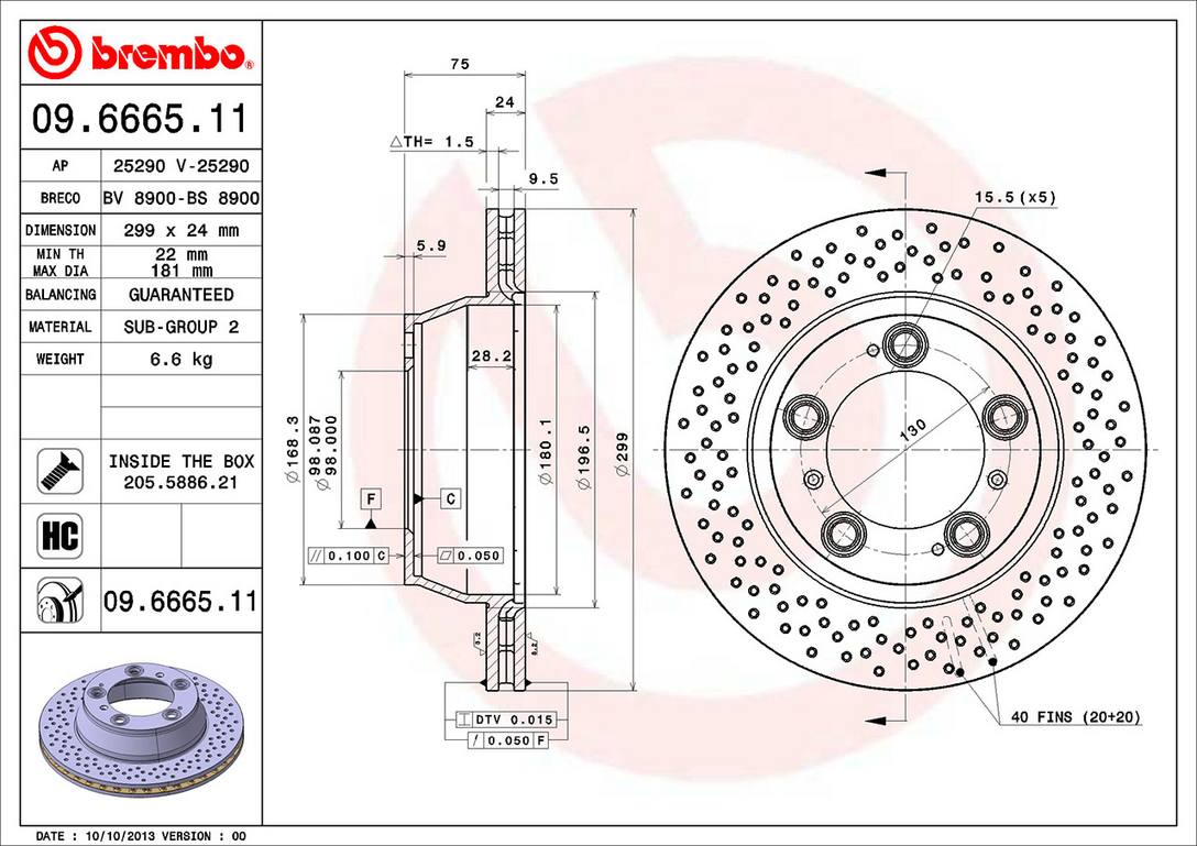Porsche Brembo Disc Brake Rotor - Rear (299mm) (Cross-Drilled) 99635240104